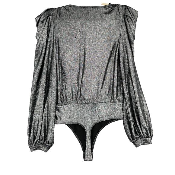 Express Silver Long Sleeves Shimmer Puff Shoulder Detail Wrap Bodysuit Small - Picture 2 of 6